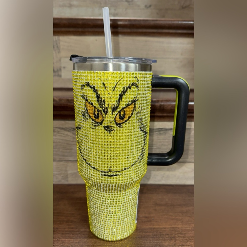 🥰 The Grinch Christmas Green Face Print Rhinestone Bling Tumbler with Handle